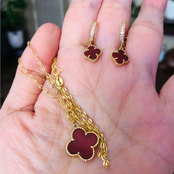 18K Saudi Gold Red Carnelian Necklace & Earrings Set - Picture 3 of 7